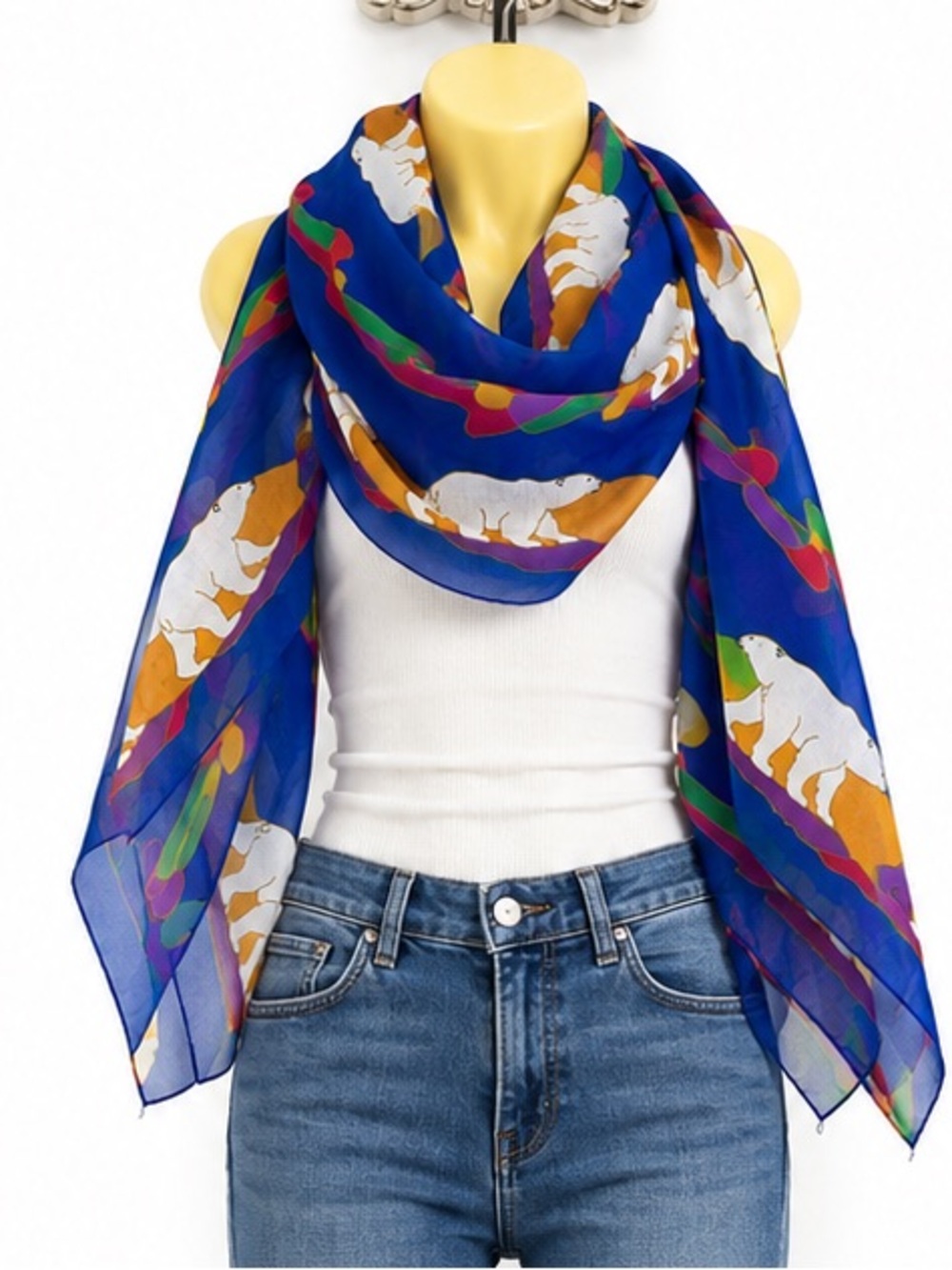 Dawn Oman Polar Bear Scarf Blue Indigenous Art Lightweight Wrap Shawl Like New!